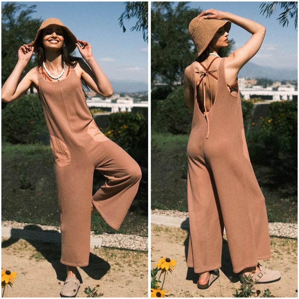 Cupshe Tan Waffle Knit Sleeveless Wide Leg Jumpsuit Tie Back Medium